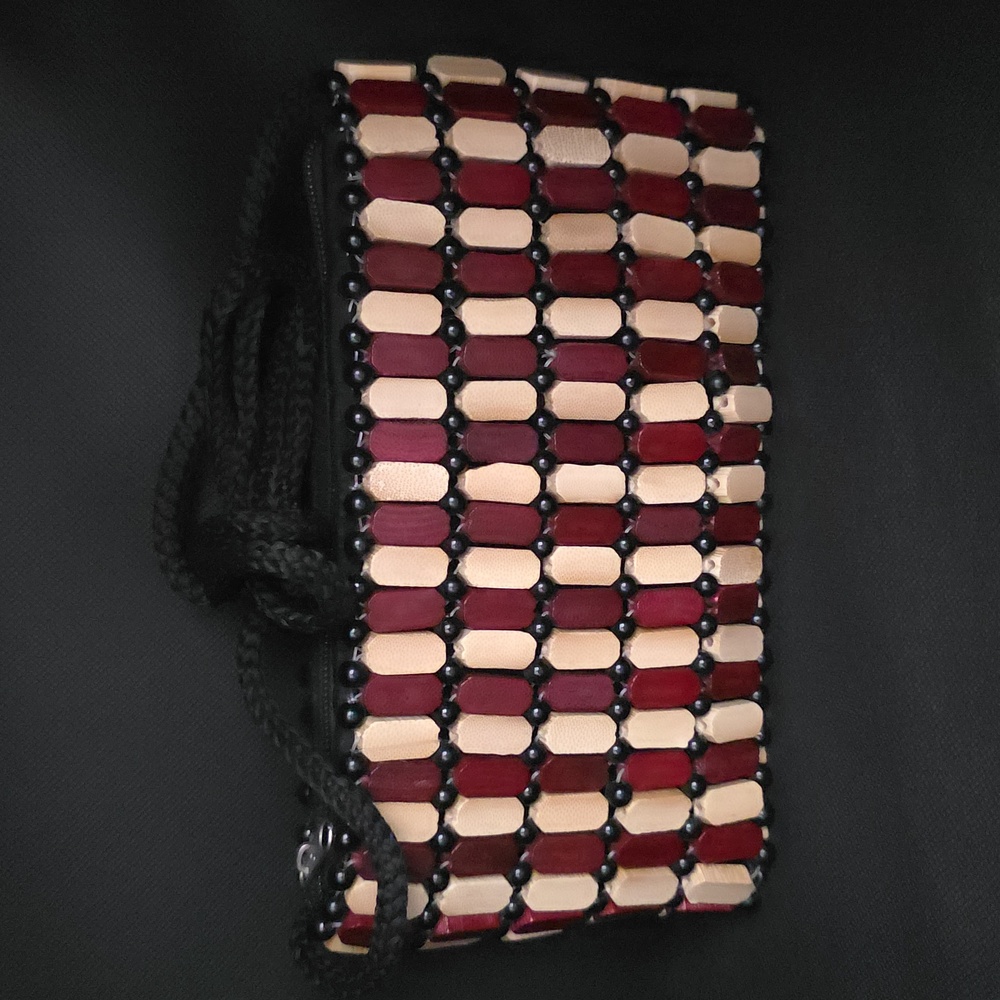 African Wooden Square Crossbody Purse in Natural and Burgundy